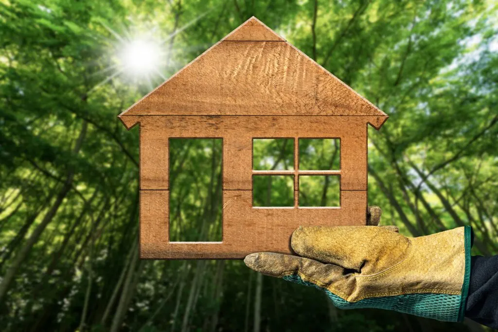 Mão com luva amarela segurando uma casinha de madeira em meio à floresta